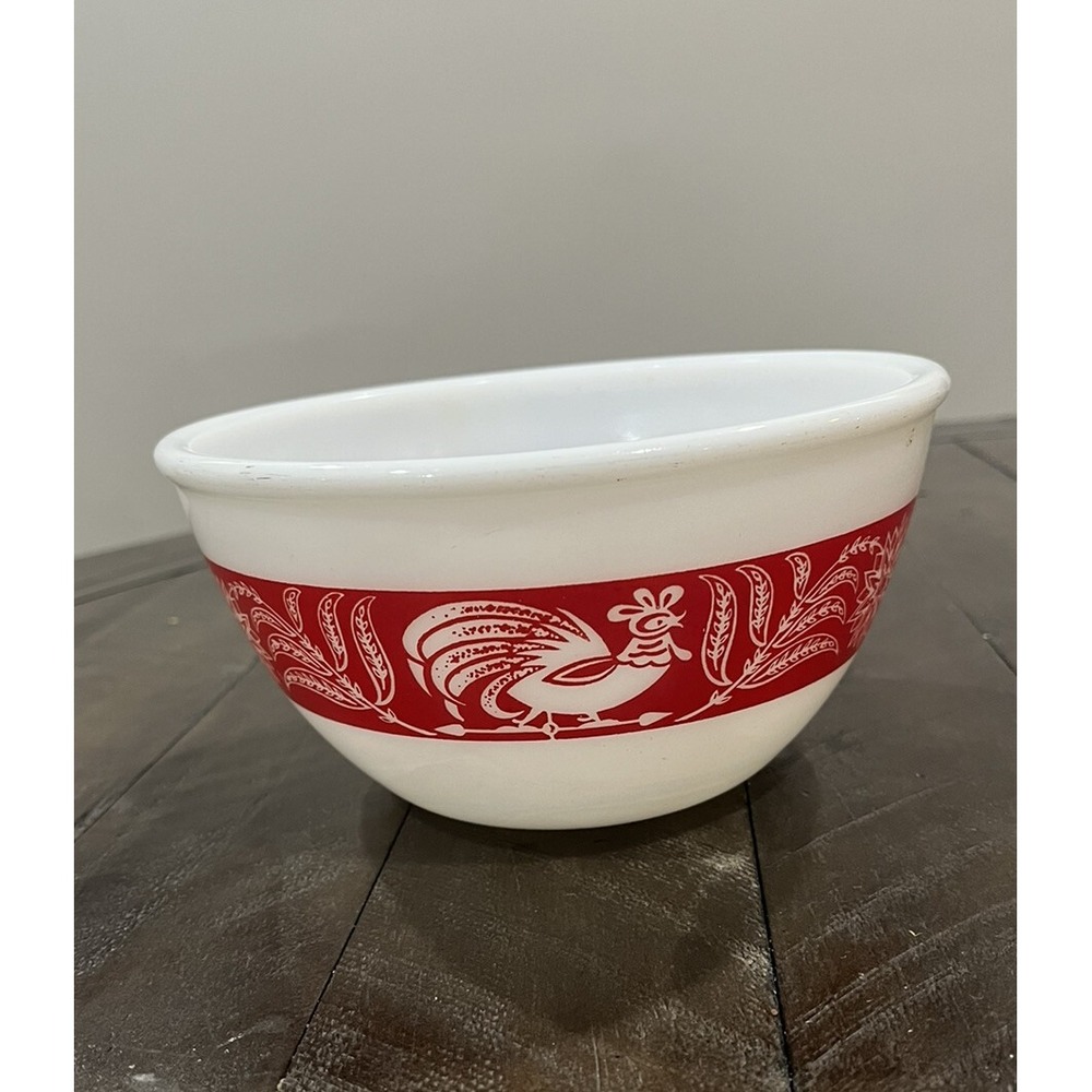 Vintage Hazel Atlas Red Rooster Band 7" Mixing Bowl - Farmhouse Kitchen‎ Decor